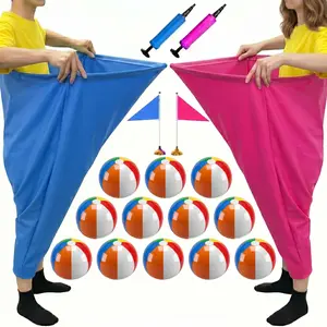 HAPPY APLENTY 18 PCS Granny Pants Yard Game Set, Oversized Blue & Pink Pants with 12 Bouncy Balls, 2 Pumps & 2 Flags, Outdoor Tossing Games for Adults Family Birthday Backyard Party Team-Building Gatherings