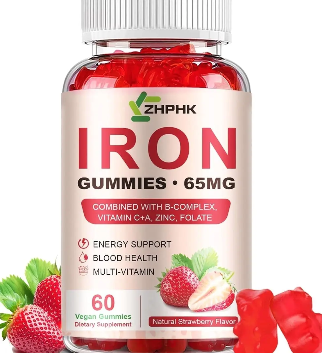 Iron Supplement Gummies, 65mg Iron for Women Men Kids, Natural Vegan Iron Gummy with Folate Gentle on Stomach, Gluten Free, Energy Support & Immune Health, 60 Gummies