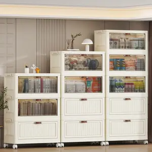 Foldable Storage Bins with Lids，Stackable Home Storage Cabinet Organizer for Closet - 4/5/6-Tier Stylish Plastic Storage Containers with Magnetic Doors & Wheels, Waterproof Collapsible & Portable Storage Solution, Collapsible Storage Box, Kitchen Pantry