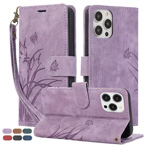 HISTORYOO For iPhone 17 16 Pro Max 15 14 13 12 11 Butterfly Orchid Embossed Wallet Cute Phone Case with 1 Cash pocket & 3 Card Slots, Wrist Strap Lanyard Women Soft PU Leather Protective Flip Fold Stand Cover Magnetic Closure For Mom