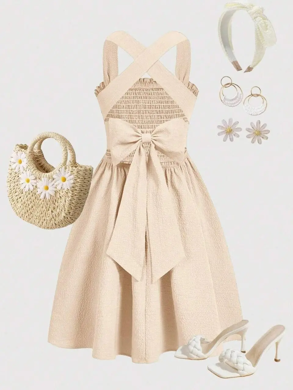 Girls Backless Bow Cross Strap Casual Summer Dress, Sleeveless Elegant Tween Outfit