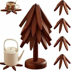 Solid Wood Tree-Shaped Trivet Set: 4 Trivets With Storage Stand, Heat-Resistant & Durable, A Great Companion For Kitchen And Dining Table-BY