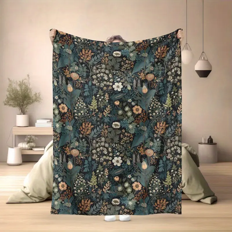 Bohemian Retro Floral Flannel Throw Blanket - 280GSM Soft, Wrinkle Resistant, Fading Proof, Durable All-Season Textile with Vibrant Print, Machine Wash Friendly, Ideal for Nature Enthusiasts’ Indoor Couch Use, Flannel Fabric