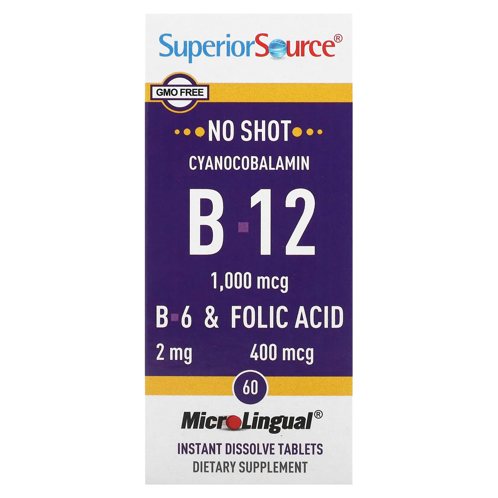 Superior Source Cyanocobalamin & B-12 &  B-6 & Folic Acid, 1,000 mcg & 2 mg & 400 mcg, 60 MicroLingual Instant Dissolve Tablets