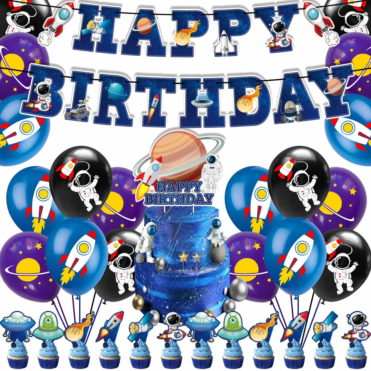 44Pcs Outer Space Birthday Party Decoration Set, Space Theme Banner for Birthday Party Decoration Supplies, Balloon Party Supplies, Party Pack