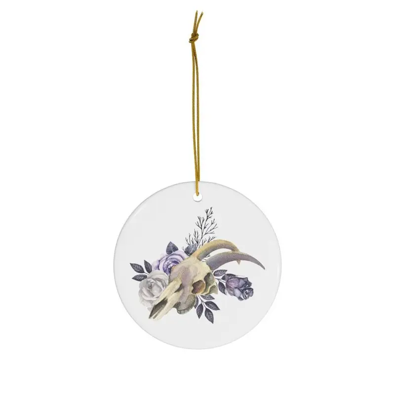 Purple Gothic Ceramic Christmas Ornament with Skull and Botanical Decor