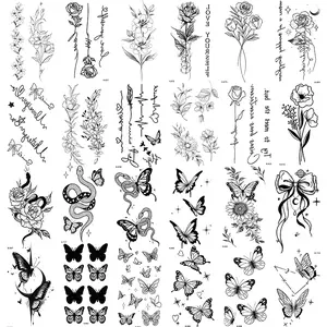 24 Temporary Tattoo Stickers, Realistic Rose Butterfly Flower Snake Text Designs, Waterproof Fake Tattoos for Women Parties Music Festivals, Sarcastic Sayings Tattoos
