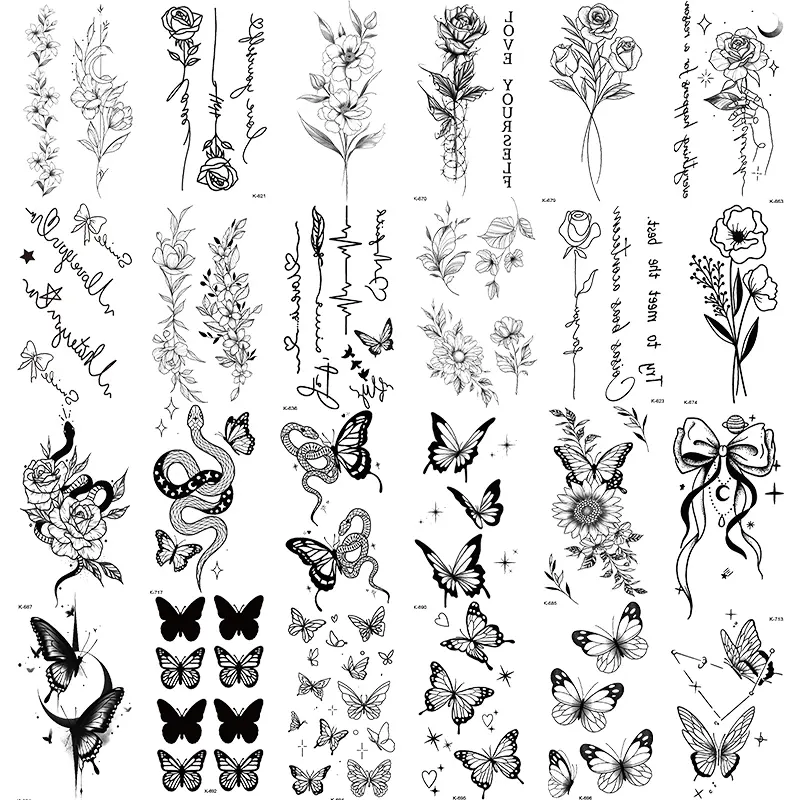 24 Temporary Tattoo Stickers, Ephemeral Tattoos, Realistic Rose Butterfly Flower Snake Text Designs, Waterproof Fake Tattoos for Women Parties Music Festivals, Sarcastic Sayings Tattoos, Tattoo For Beginners