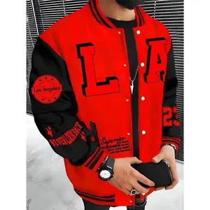 Men's LA Baseball Jacket - Red and Black, White Font, Embroidered with "Excellent Quality", Lightweight and Warm Polyester Sweatshirt with Pockets, Hip Hop Rock Style Casual Long Sleeve