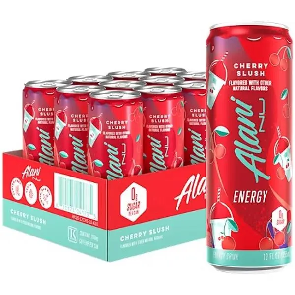 Alani Nu Natural Vegan Sports Energy Drink - Taurine-Infused, Erythritol-Sweetened, Sugar-Free, Gluten-Free, Cherry Slush Flavor, 12x12 fl. oz. Cans for Daily Energy (Youth-Focused, Vegetable Juice-Boosted)