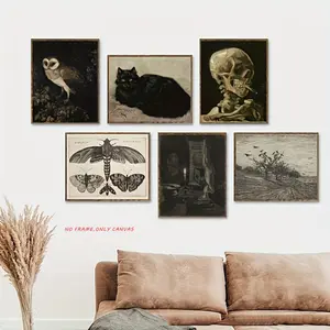6PCS/Set Vintage Canvas Poster, Vintage Wall Art, Halloween Gothic Aesthetic Goth Spooky Gallery Wall Decor Black Cat Poster, Vintage Skeletons Owl Poster, Dark Academia Decoration For Home Decor, Unframed