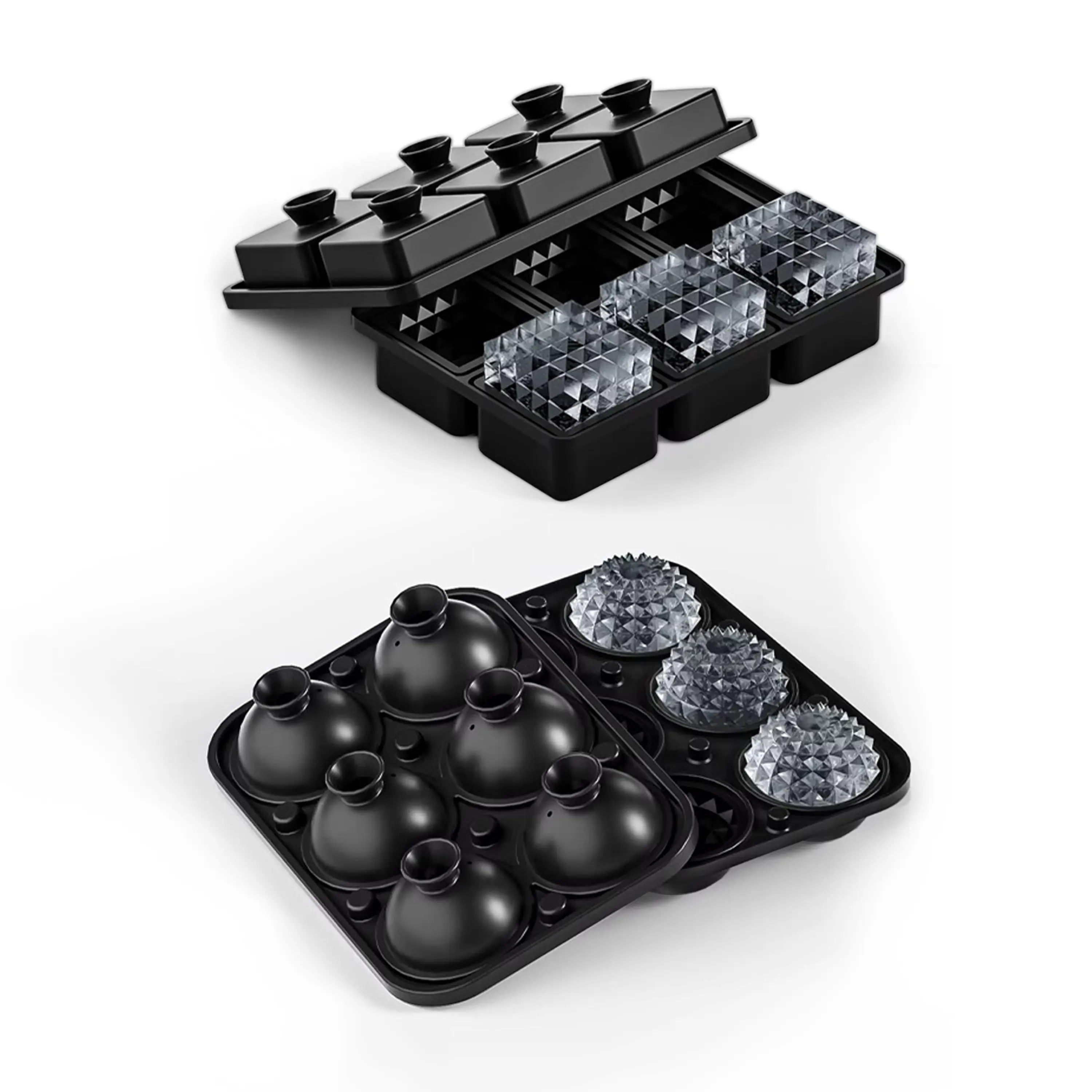 Premium Crystal Ice Cube Trays, Large Diamond Pattern Molds, 2-Pack Black Silicone Ice Makers for Whiskey and Cocktails, Round and Square Shapes, BPA Free