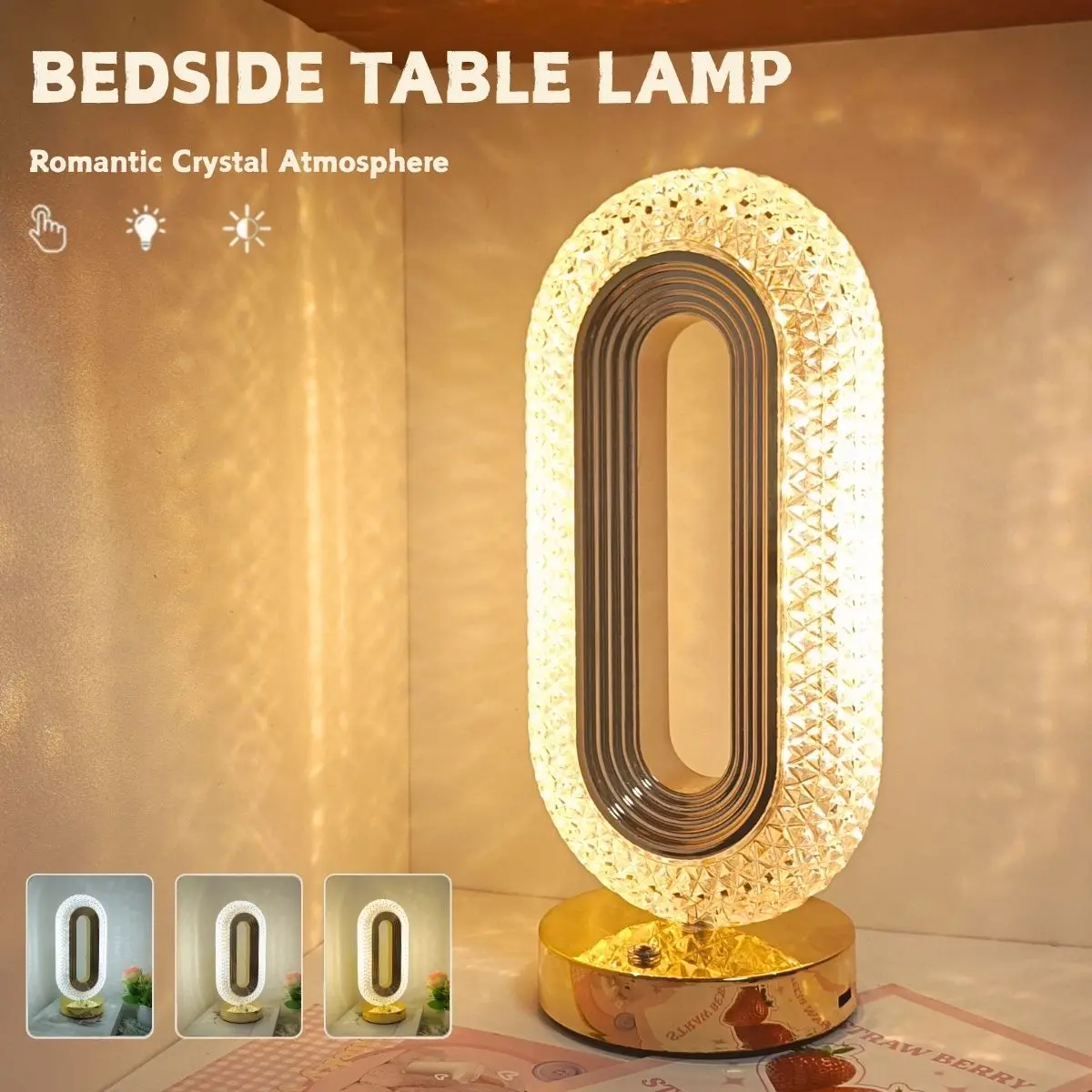 Modern Luxurious Diamond Oval Crystal Table Lamp, Nightstand Lamp, USB Charging Light, Decoration Lamp, Touchable Decorative Lamp for Living Room Bedroom Dining Table