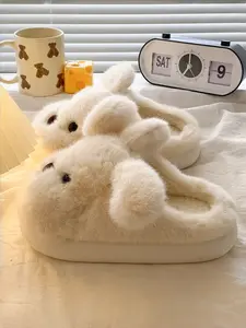 Parent-Child Cream White Plush Bear-Shaped Slippers, Cute Warm Style, Plush Material + Soft Non-Slip Sole + 3D Bear Face Decor, Parent-Child Compatible, Cute Eye-Catching , Ideal for Winter Home & Parent-Child Leisure Scenarios, Fuzzy Warm Slippers