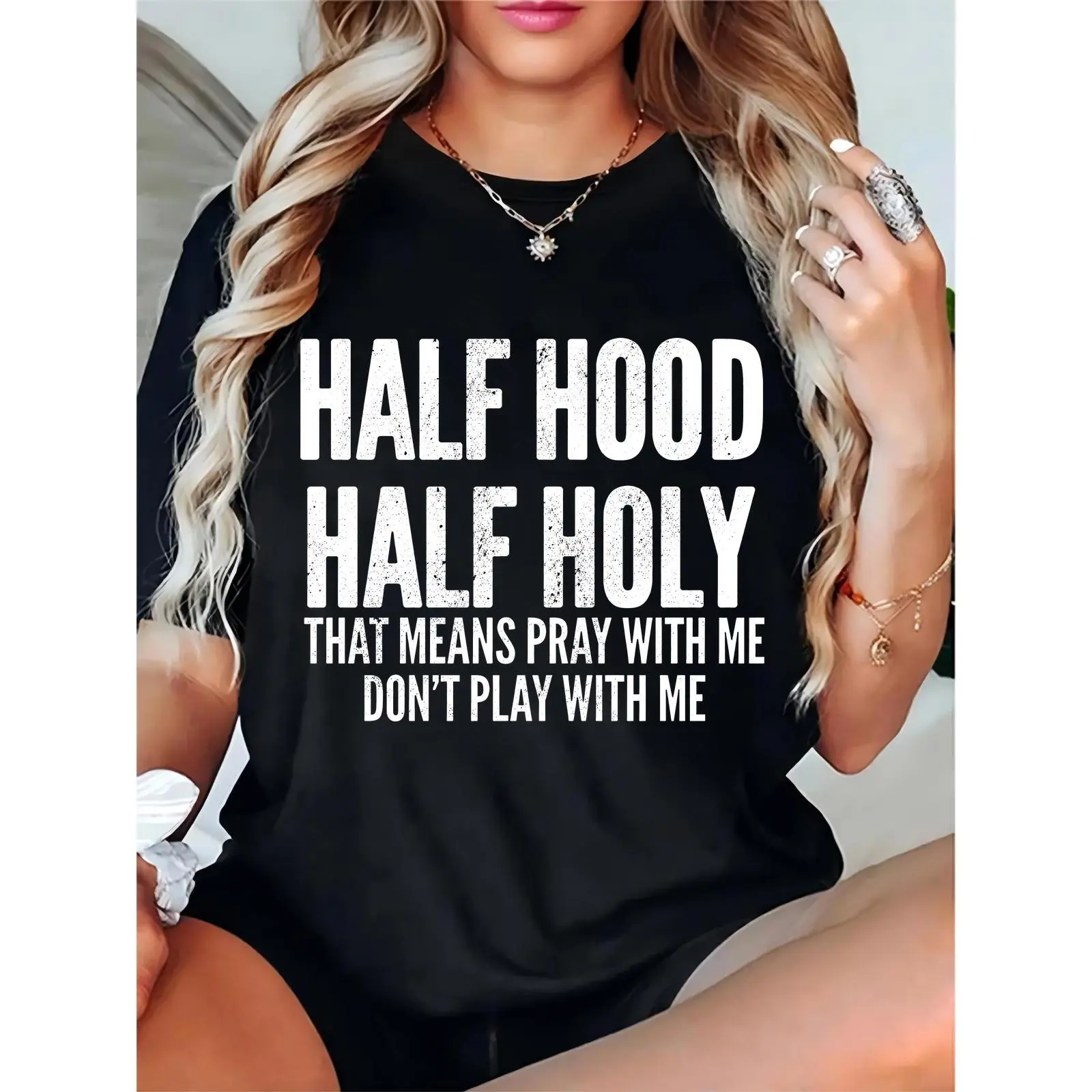 Women’s Black Half Hood Half Holy Distressed Text T - Shirt, Casual Streetwear for Trendy Females, Edgy Religious Slogan Design for Daily Outings
