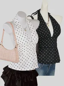 Fashion Trendy Backless Ruched Polka Dot Halter Sleeveless Deep V Navel Top Fitted Two Piece Set, Stylish Summer for Women
