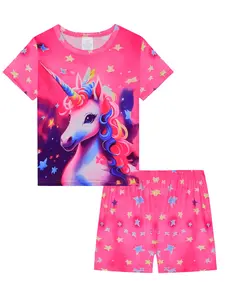 Girls' Unicorn Cartoon Print Pyjama Set, Comfortable Casual Homewear, Slim-Fitting Short Sleeve Shorts, Fashionable Sleepwear