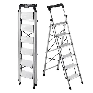 VEVOR 6 Step Ladder, Folding Step Stool with Wide Anti-Slip Pedal and Comfort Handgrip, 330 lbs Capacity Portable Aluminum Stepladder, Multi-Use for Kitchen, Warehouse, Household and Office, Silver