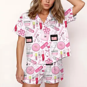 Pink Makeup Print Pajamas Set for Women, Cute Beauty Lover PJs, Funny Girl Sleepwear, Cosmetics Pattern Loungewear, Trendy Aesthetic Pajama Set, Gift for Her Nightwear