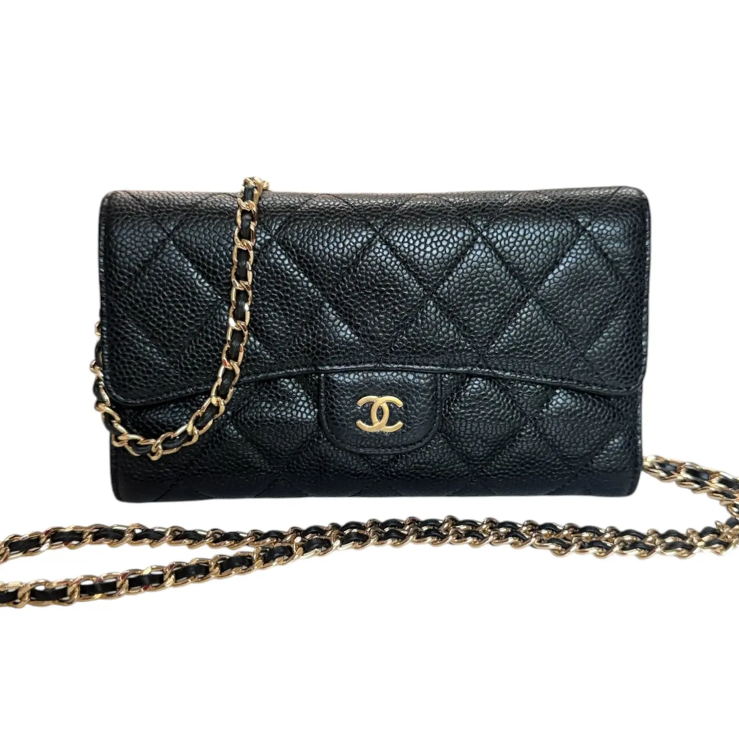 Pre-owned CHANEL caviar leather Crossbody Bags Black GHW Classic Flap Trifold Wallet with added Chain