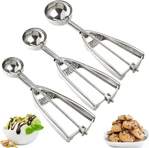 3 PCS Ice Cream & Cookie Dough Scoop Set – 18/8 Stainless Steel Scoopers with Trigger Release for Baking & Ice Cream