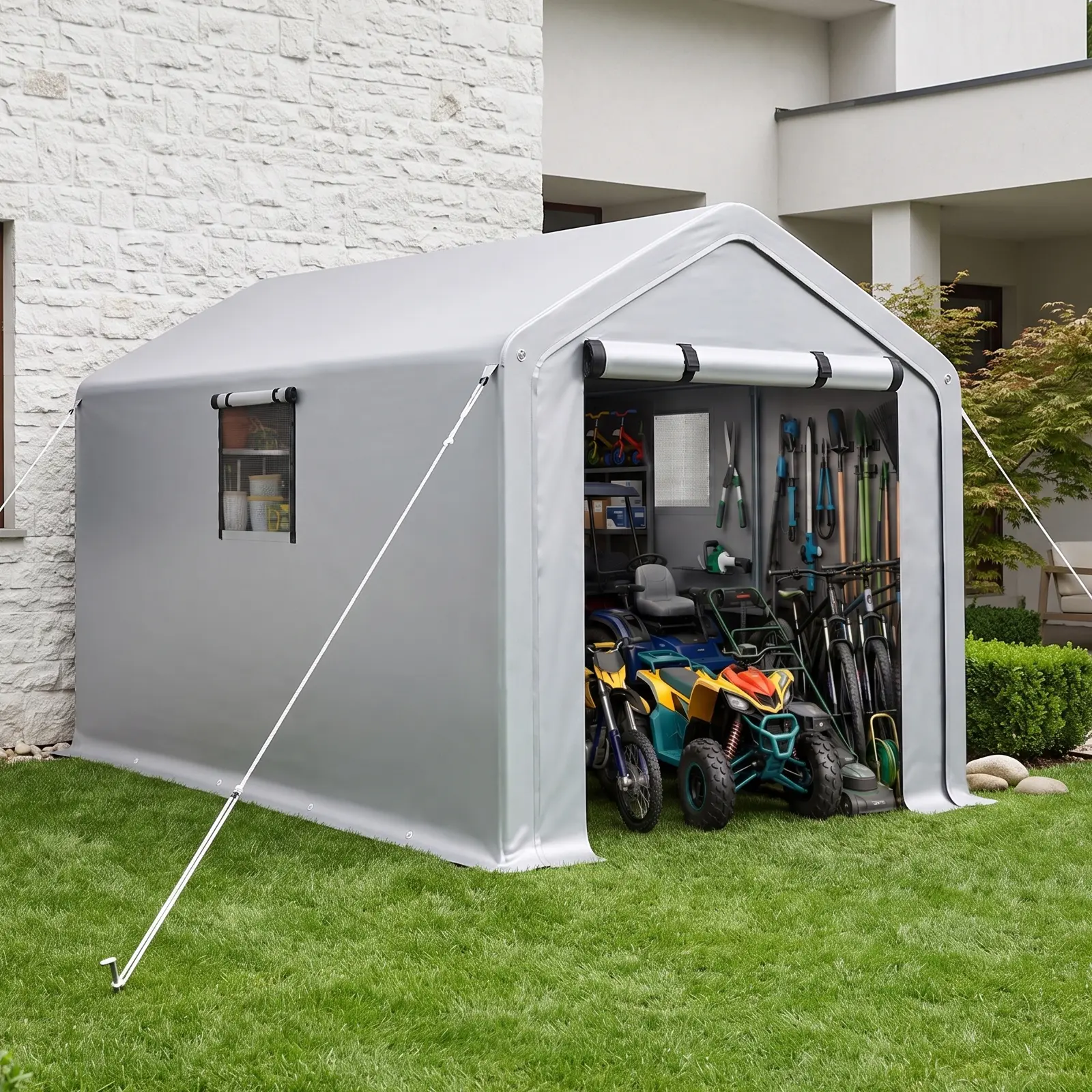 8X10 FT Heavy‑Duty Portable Storage Shed Tent With 2 Roll‑Up Windows, Galvanized Steel Frame Waterproof UV‑Resistant PE Double‑Coated Tarp Shelter, Multi‑Purpose Outdoor Storage Tent For Bike Motorcycle Garden Tools Firewood Backyard Use