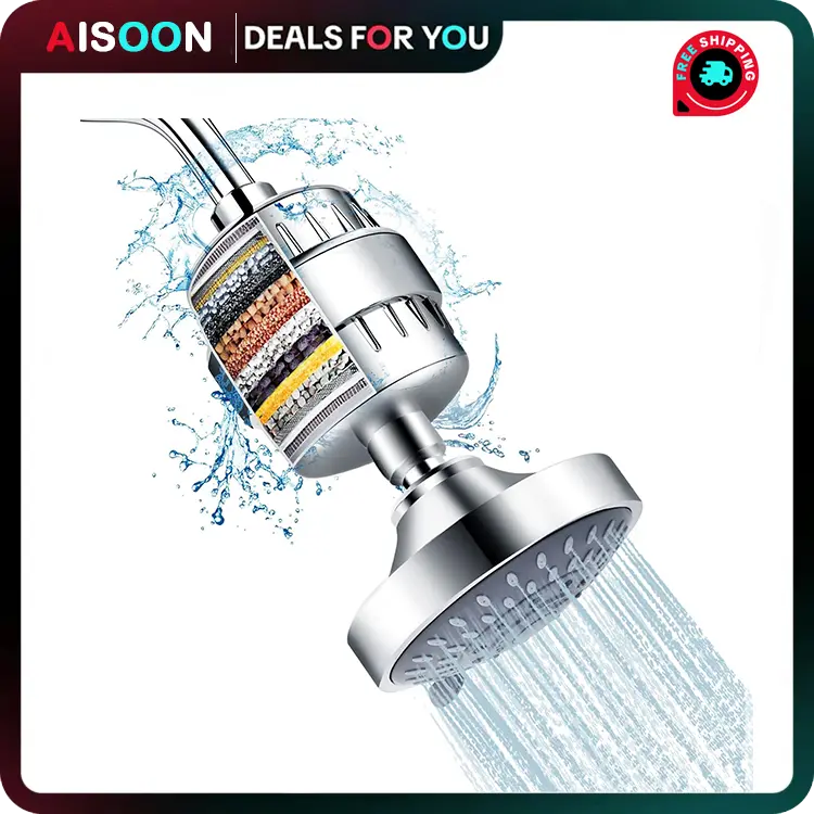 AISOON Filtered Pressurized Shower Head & 15-Stage Water Softener Filter Combo, 5 Spray Settings, Removes Chlorine & Harmful Substances for Hard Water, Filtered Showerhead, Pressurized Showerhead Filters