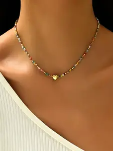 1 Piece of Vintage Bohemian Style Heart-shaped Colorful Crystal Bead Necklace, Summer Women's Beaded Collarbone Chain, Charms Necklace, Love Heart Necklace, Suitable for Daily Wear, Gatherings, Beach Parties, and Gifts