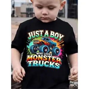 "Just a Boy Who Loves Monster Trucks"-Boy'S Soft Cotton Short Sleeve Crew Neck T-shirt, Vibrant off-Road Design, Machine Washable, Perfect for Everyday Fun