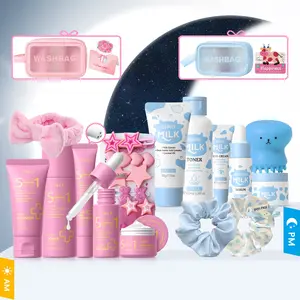 5-In-1 Milk Daily & Night Skincare Set,  2 Bags Including  Cleanser & Toner & Serum & Eye Cream & Essence Cream, Hairpin Suit, Bandeau, Hair Band, Octopus Brush, Makeup Bag, Card, Hydrating Soothing, Moisturizing Revitalizing Set, Best Gift