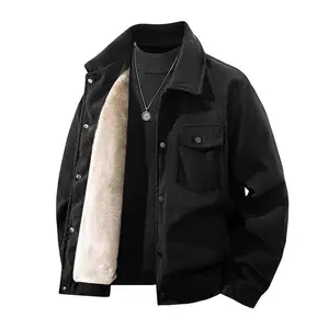 Men's Winter Fleece Lined Corduroy Collared Jacket Trendy Casual Thick Warm Coat Beige Black with Pockets