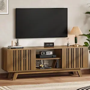 ONBRILL 63"/70"TV Stand for TVs up to 80 Inch, Mid-Century Modern Television Stand with Power Outlet, Entertainment Center with Sliding Grille Door Cabinets and Open Shelves, Living Room Furniture