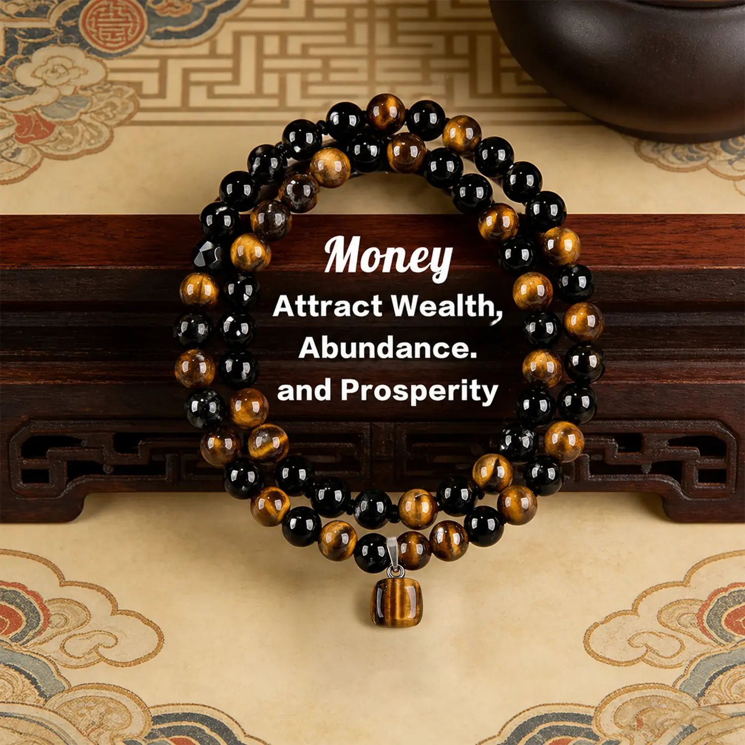 Fashionable Retro Natural Tiger's Eye Geometric Pendant Adjustable Beaded Necklace Men's and Women's Daily Wear Money Attraction Necklaces Beaded Feng Shui Wealth Necklace Jewelry Gifts for Men Women Father's Day Gift #SummerVibes