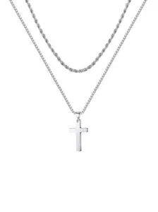 Men's Cross Pendant Necklace Set, Stainless Steel Layered Chain Design, Cuban Link Style, Perfect for Daily Wear or Special Occasions