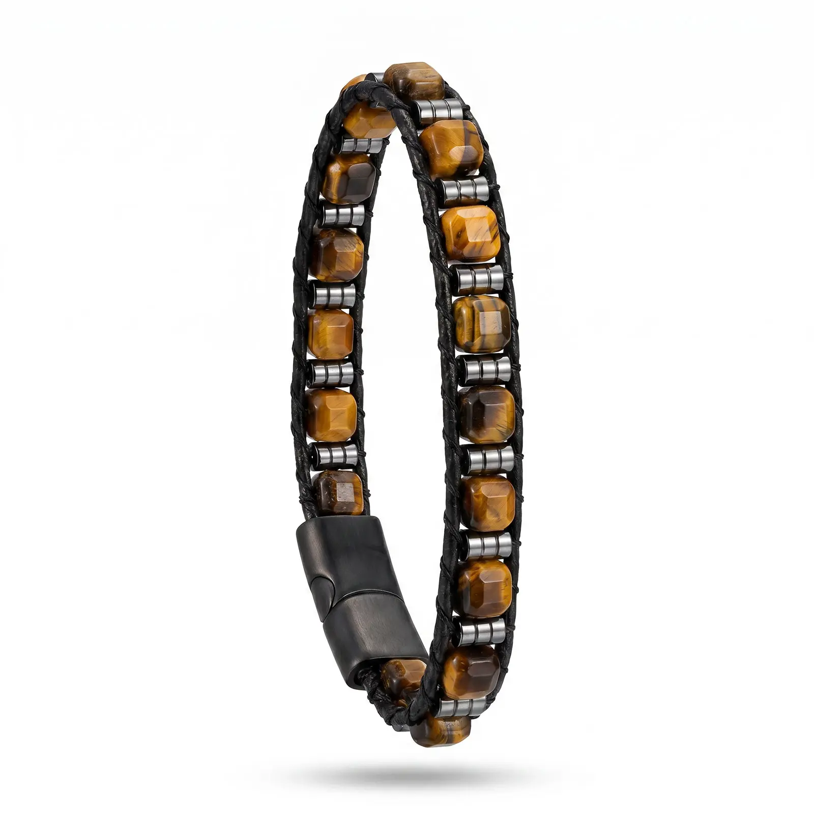 Natural Tiger Eye Square Beads Braided Leather Magnetic Healing Crystal Bracelet - 6.69 Inches, Amethyst Accent, Anxiety Relief Spiritual Jewelry for Self-Care Meditation, Business & Casual Wear, Cubic Zirconia, Durable Magnetic Clasp, Energy Crystal, Fam