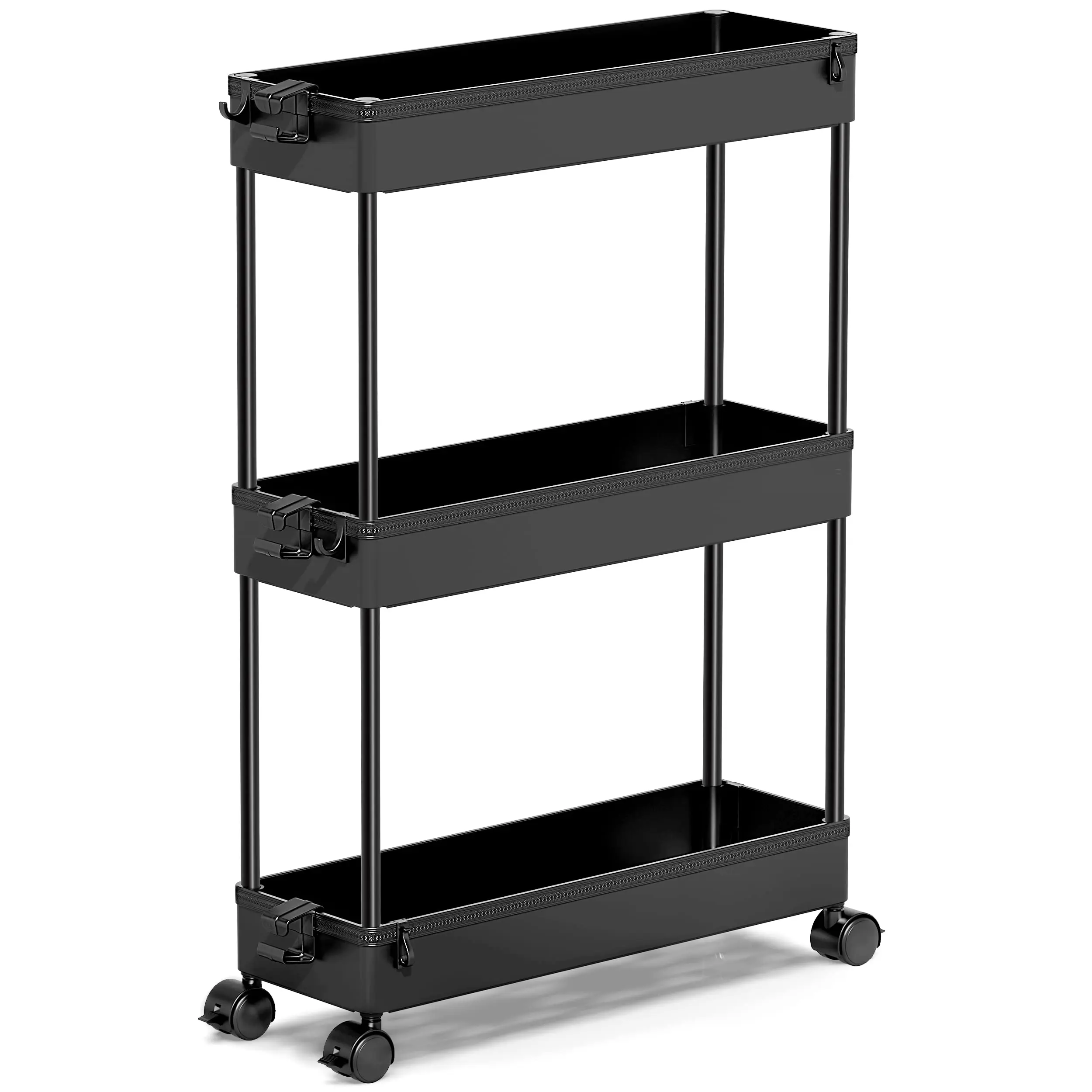 Minimalist 3-Tier Lightweight Plastic Waterproof Compact Rolling Utility Rack - Easy Assembly Organizer Storage Cart with Smooth Wheels, Narrow Mobile Holder for Bathroom, Kitchen, Bedroom Storage