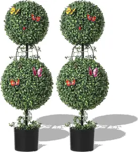 3 FT Artificial Double Ball Topiary Trees with Pot 2 PCS Topiary Trees Artificial Outdoor with Moss Vine Butterfly Decor All Year Green Outdoor Faux Plants for Front Porch Home Decor Decoration Decorative Fruit Gift