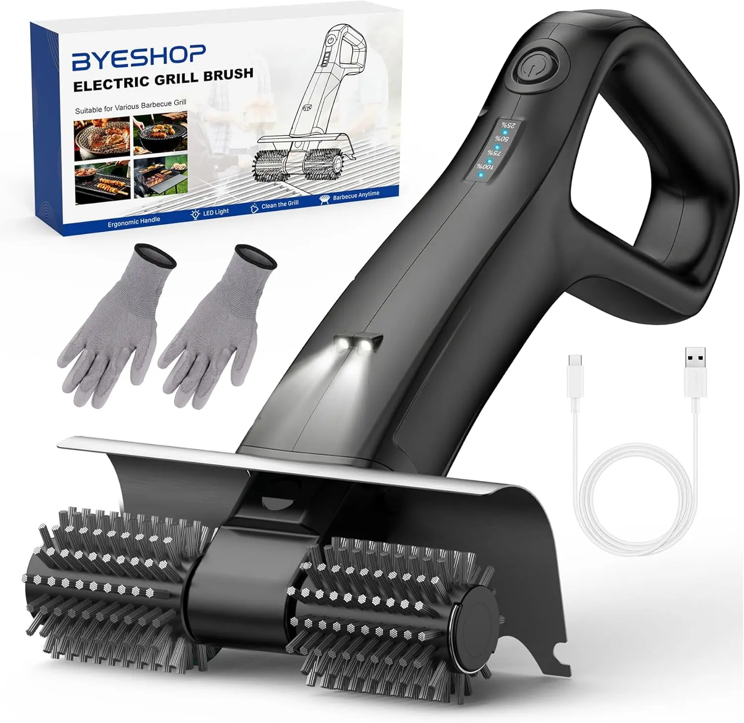 Cordless Electric Grill Brush, BBQ Grill Cleaner with 800RPM High-Speed Motor, 25kgf High Torque, 3500mAh Rechargeable Battery, 180-Min Runtime, 2 Replaceable Brush Heads, LED Light & Scraper