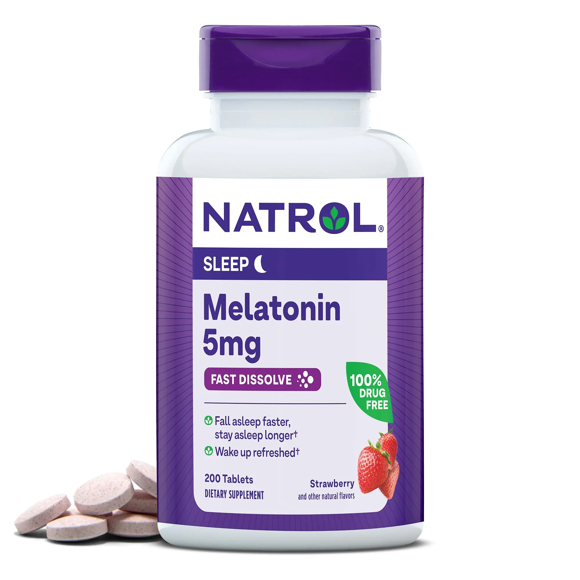 Natrol Melatonin 5mg Fast Dissolve Tablets, Sleep Support Supplements for Adults, Strawberry Flavor, 200 Tablets, Up to 200 Day Supply (Packaging May Vary)