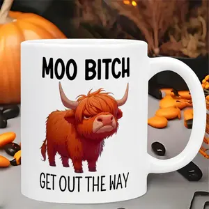 Hand-painted Pattern Mug Moo Bitch Get Out The Way Funny Highland Cow Coffee Mug Sarcastic Gift for Her Cow Lovers and Morning People Unique Bold Ceramic Cup for Office Desk Decor Hilarious Stress Relief Gag Gift. Meme Pattern Mug
