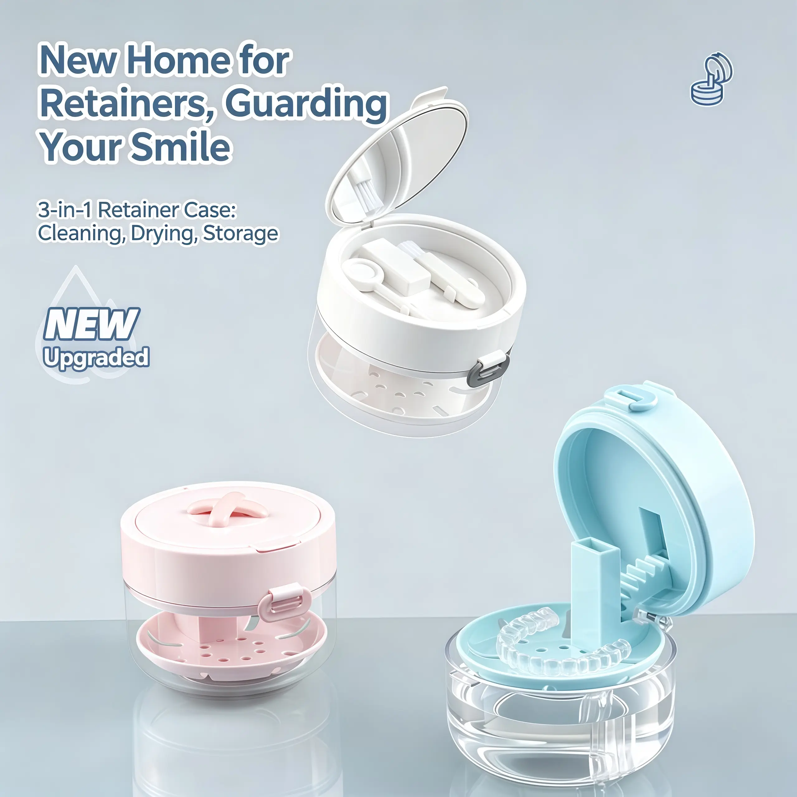 Oral Appliance Soaking Container, 3-in-1 Denture Cleaning Kit with Drainage Tray, Mirror, Brush, and Secure Lid - Unscented ABS Plastic Case for Retainers, Daily, Denture Care Tool