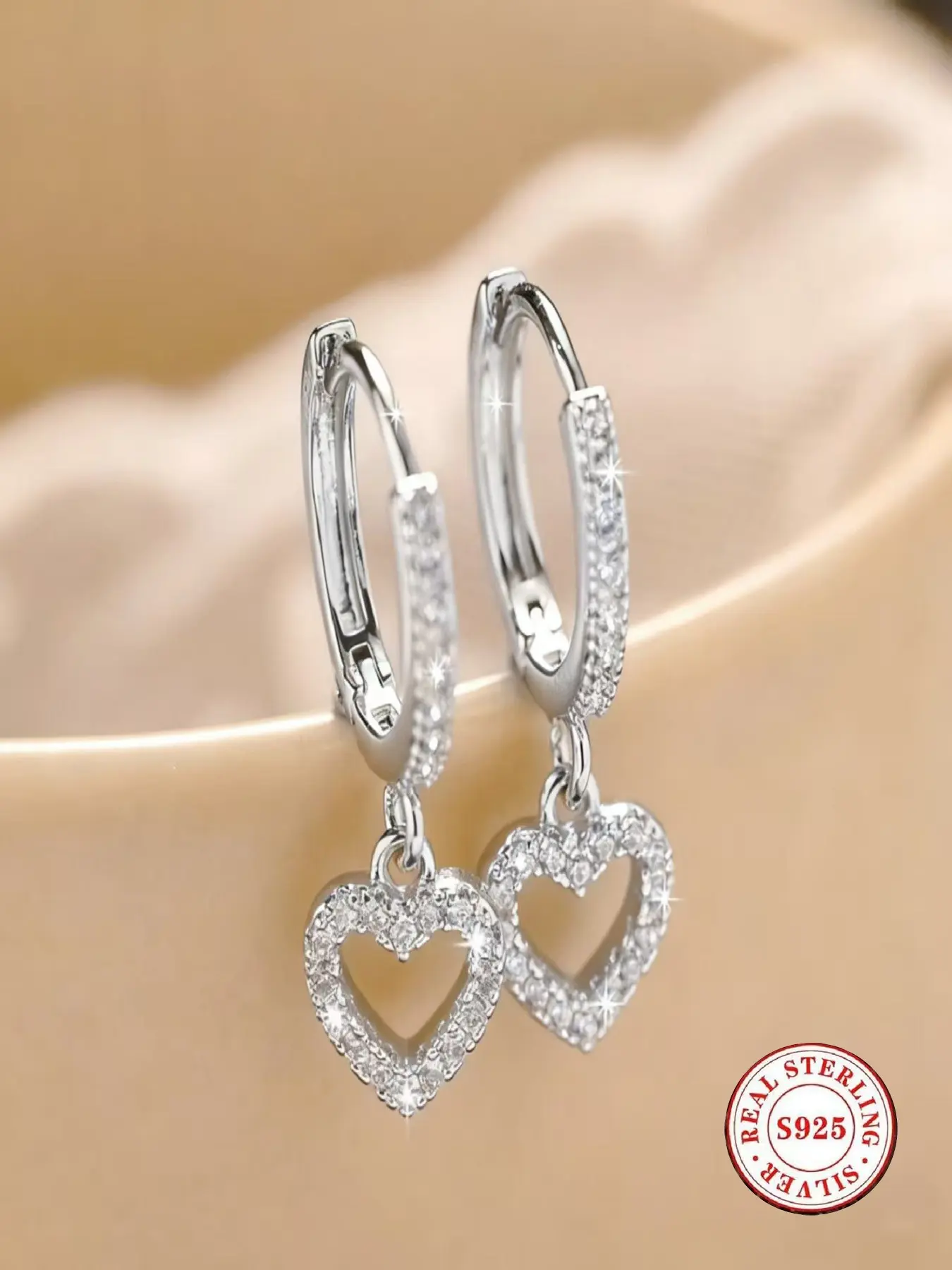 S925 Sterling Silver CZ Heart Dangle Huggie Earrings, Hypoallergenic Small Hoop Drop Dangling Earrings for Sensitive Ears, Open Heart Cubic Zirconia Earrings for Women, Heart Shaped Earrings, Fashion Jewelry Gift for Birthday Anniversary