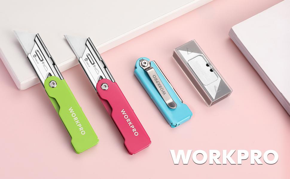 #Summervibes WORKPRO 3-Pack Folding Utility Knife Set, Quick Change Blade Box Cutter, Razor Knife with Belt Clip, 10 Extra SK5 Blades for Cartons, Cardboard and Boxes