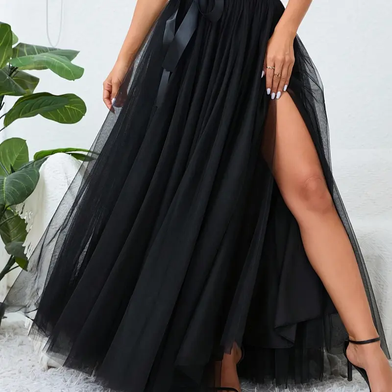 Plus Size Solid Belted Split Thigh Lightweight Tulle Skirt, Slit Hem Skirt, Elegant Chic Formal High Waist Maxi Skirt For Party Holiday Wedding Guest, Women's Bottoms For All Seasons, Womenswear