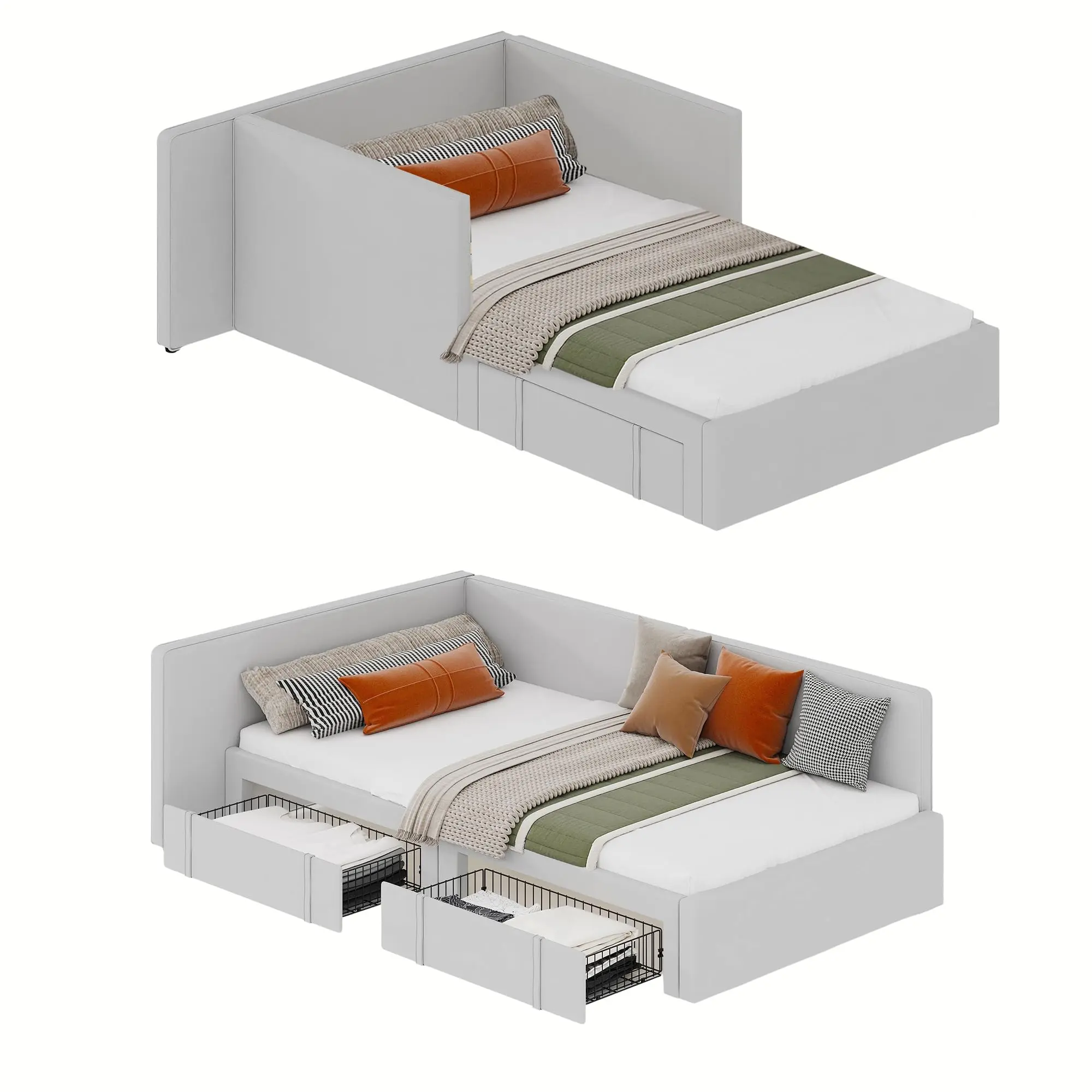 Garvee Twin Daybed with 2 Storage Drawers, Corner Bed Frame with Extended Headboard and Bed Rails, Velvet Upholstered Sofa Bed with Guardrail for Bedroom, Guest Room,Adjustable Installation,Light Grey