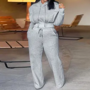 CHICME Women's Minimalist Basic 2-Piece Clothing Set - Long-Sleeve Hooded Sweatshirt, Wide-Leg Casual Sweatpants