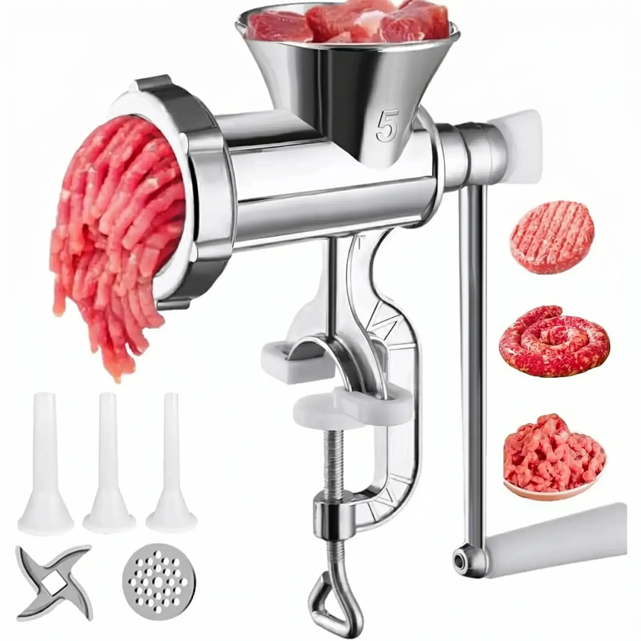 Manual Meat Grinder & Sausage Stuffer | Heavy Duty Aluminum Alloy Hand Mincer with Secure Table Clamp, Portable Food Grinder for Beef, Pork, Pepper & Sausage Making
