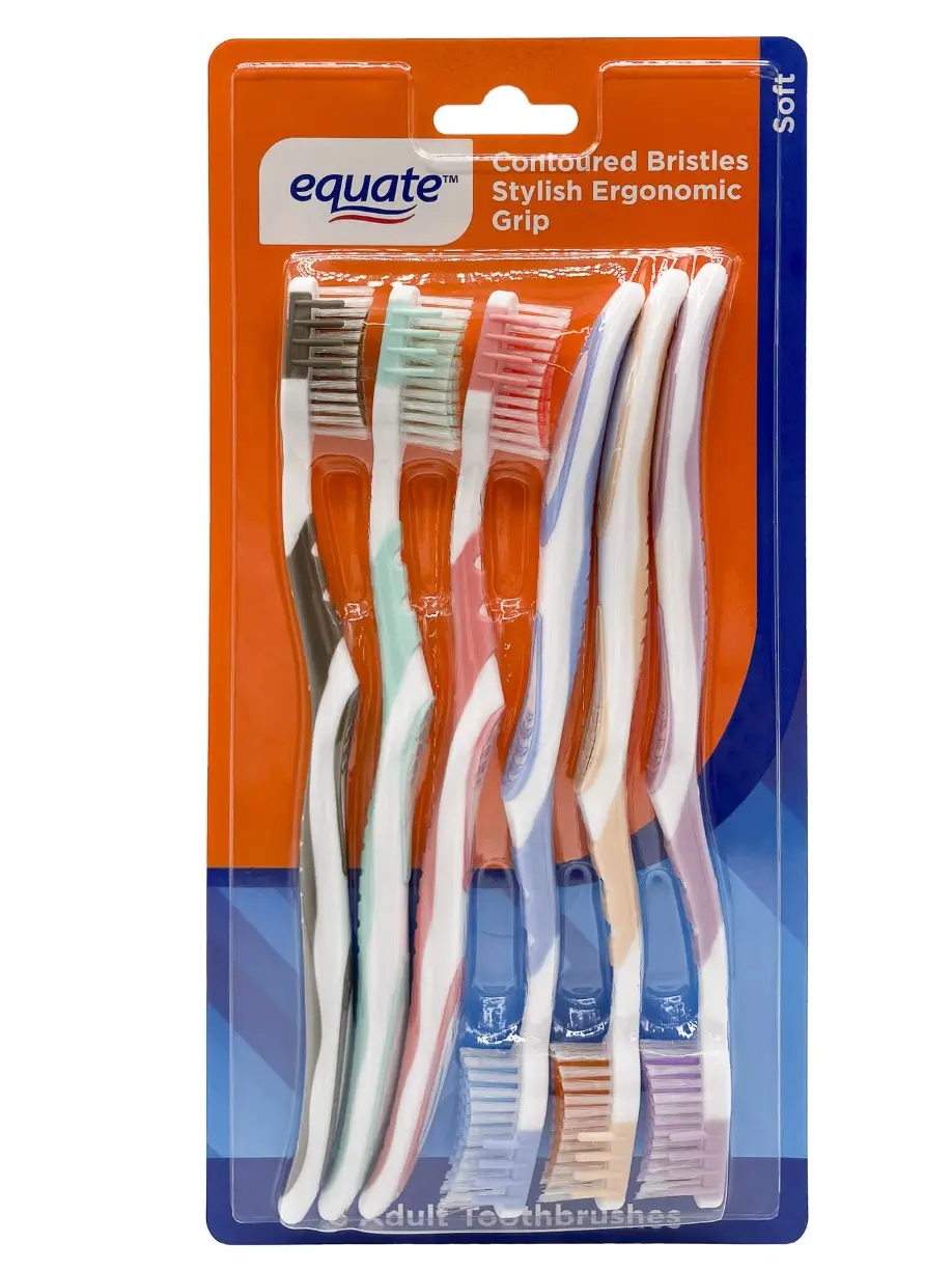 Equate 6-Pcs Soft Manual Toothbrushes, Contoured Bristles, Ergonomic Grip for Gentle Daily Oral Care