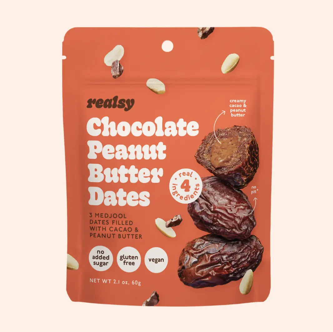 Realsy Organic Cacao Chocolate & Peanut Butter-Filled Medjool Dates, 2.1 oz Natural Sugar-Free Gluten-Free Dried Snacks