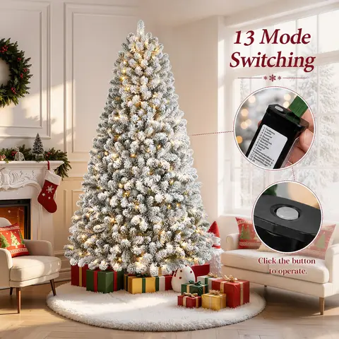 【13 Lighting Modes】Alupssuc Pre-Lit Snow-Flocked Artificial Christmas Tree, 4/6/7.5FT, , Warm White LED Lights, Hinged Branch Design, Metal Stand, Indoor Holiday Home Decor